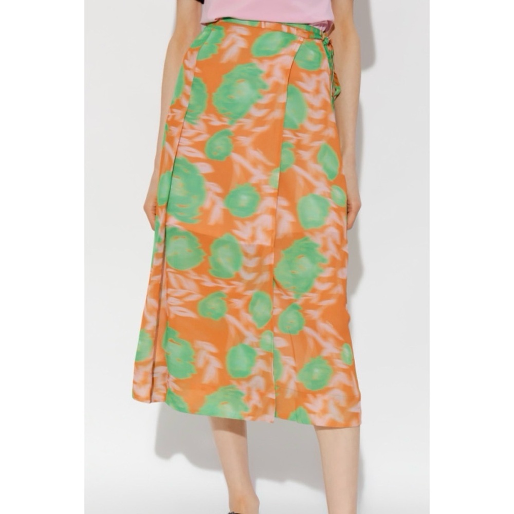 Ganni Printed Midi Length Wrap Skirt Orange